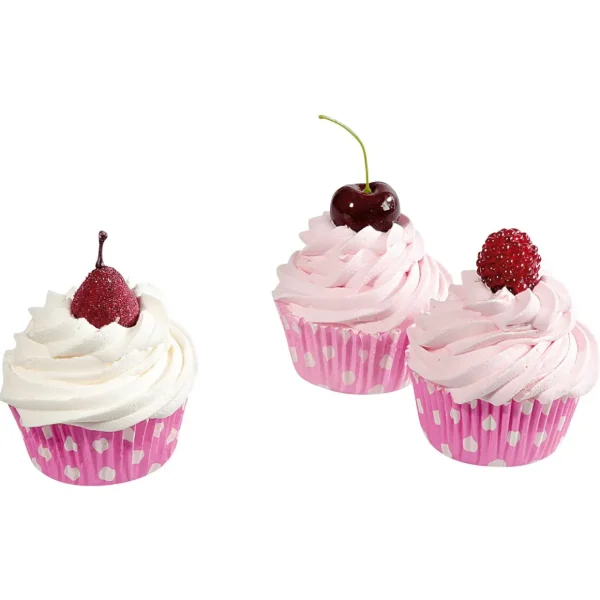 Brot & Kuchen^DecoWoerner Cupcakes Lebensmittel-Attrappe, 3 Stück rosa