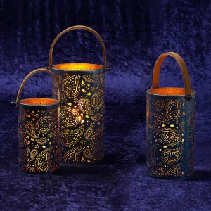 Deko-Licht | Weihnachtsfiguren^DecoWoerner Runde Metall-Laternen, Set à 3 Stück blau