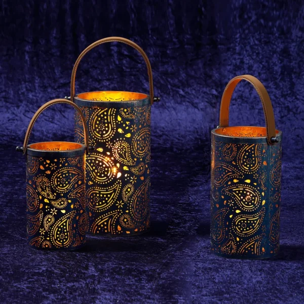 Deko-Licht | Weihnachtsfiguren^DecoWoerner Runde Metall-Laternen, Set à 3 Stück blau