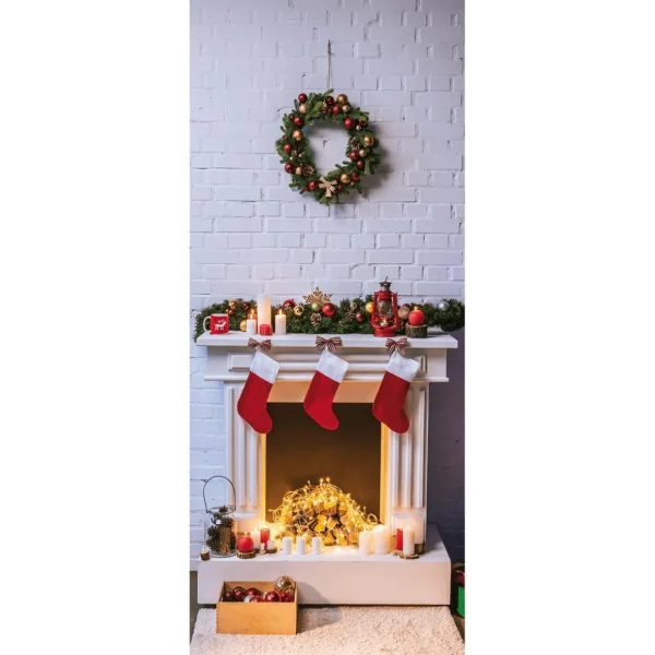 Weihnachts- & Winterbanner | Weihnachtsbanner^DecoWoerner Schwer Entflammbarer Stoffbanner "Weihnachtlicher Kamin Und Kranz" Aus Fahnenstoff 75 X 180 Cm weiß