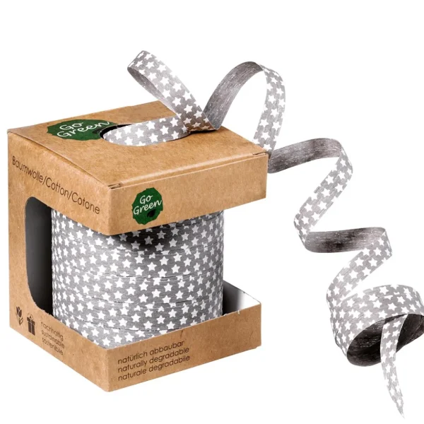 Geschenkband | Go Green - Nachhaltige Geschenkverpackung^DecoWoerner Umweltfreundliches Ringelband Mit Sternen 10 Mm 100 M Grau