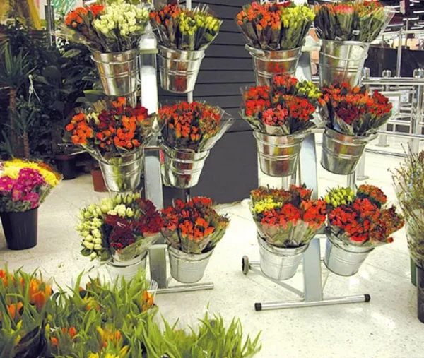 Warenpräsentation^DecoWoerner Verkaufsständer Für Schnittblumen, 6 Eimer silber